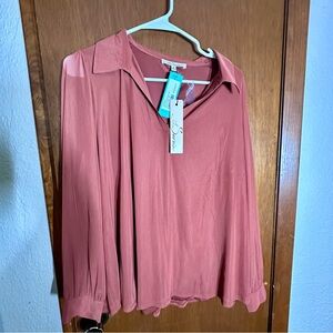 Les Serein Orange Button-Front Long Sleeve Blouse